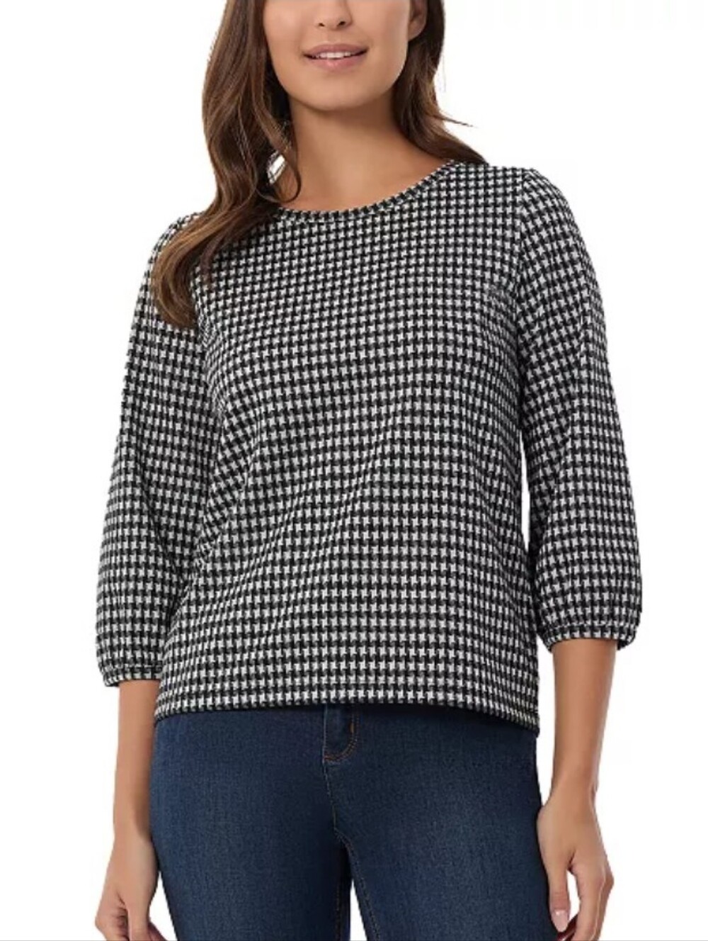 Jones New York Black and White Jacquard Houndstooth 3/4-Sleeve Top Sz Large New
